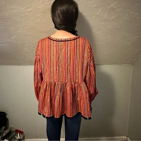 Amaryllis Metallic Stripe Pom Pom Boho Peasant Blouse Size Small - Picture 6 of 9